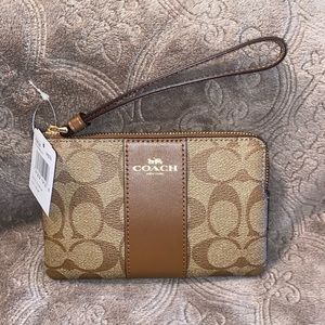 Coach Signature PVC Leather Corner Zip Wristlet Gold/Khaki Saddle 2